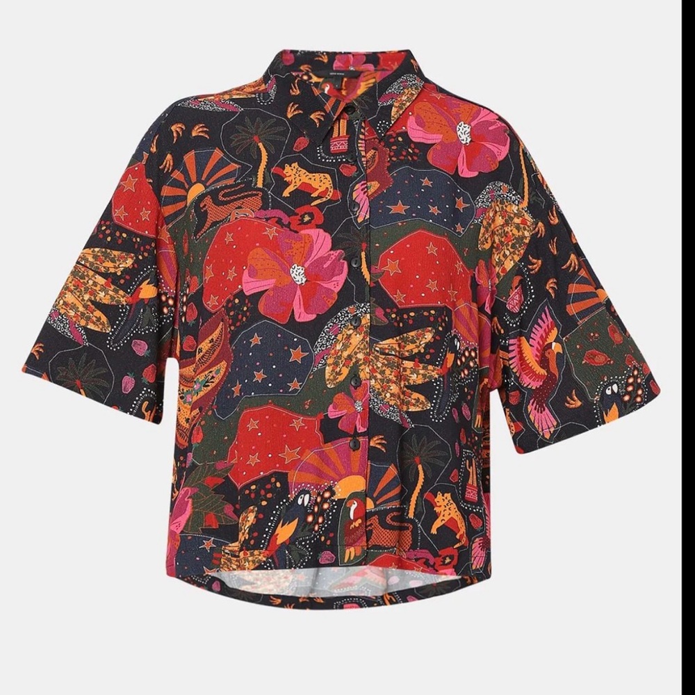 Vero Moda Black Button-Down Floral Print Shirt with Red and Pink Accents